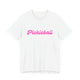 White pickleball t-shirt with a pink script Pickleball text design
