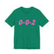 Kelly green pickleball t-shirt with a pink script 0-0-2 text design