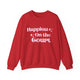 Red pickleball sweatshirt with retro script text "Happiest On the Court" and sparkle accents