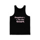 Black unisex pickleball tank top with retro script text "Happiest On the Court" and sparkle accents