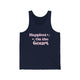 Navy unisex pickleball tank top with retro script text "Happiest On the Court" and sparkle accents
