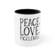 White mug with a Black accent and a "Peace Love Pickleball" design with a peace-sign hand, a heart, and a paddle and ball