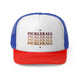 Blue/Red trucker cap with the word "PICKLEBALL" repeated in a gradient of colors with small hearts