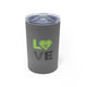 Grey vacuum insulated tumbler with "LOVE" text with a paddle-and-ball heart icon