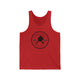 Red TriBlend unisex pickleball tank top with a circular Pickleball Bainbridge Island badge logo