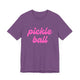 Heather team purple pickleball t-shirt with a pink script Pickle Ball text design