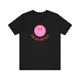 Black pickleball t-shirt with a pink smiley face graphic over "Pickleball" text