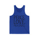 Unisex pickleball tank top with peace sign, heart, and pickleball paddle icons above "Peace, Love, Pickleball" text