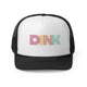 Black trucker cap with a rainbow-striped "DINK" wordmark