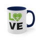 White mug with a Navy accent and "LOVE" text with a paddle-and-ball heart icon