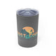 Grey vacuum insulated tumbler with a full-color "Coast to Coast Pickleball" badge logo with a mountain, palm tree, and sunset scene