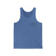 Blue TriBlend unisex pickleball tank top with a small minimalist pickleball court diagram on the chest