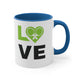 White mug with a Blue accent and "LOVE" text with a paddle-and-ball heart icon