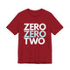 Canvas red t-shirt with a stacked ZERO ZERO TWO text design