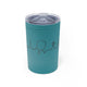 Turquoise vacuum insulated tumbler with a heartbeat-line illustration incorporating a paddle and pickleball