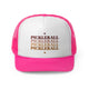 Pink trucker cap with the word "PICKLEBALL" repeated in a gradient of colors with small hearts