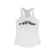 Women's racerback pickleball tank top with a bold arched "PICKLEBALL" wordmark printed upside down