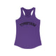 Women's racerback pickleball tank top with a bold arched "PICKLEBALL" wordmark printed upside down