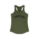 Solid Military Green women's racerback pickleball tank top with a bold arched "PICKLEBALL" wordmark printed upside down