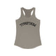 Women's racerback pickleball tank top with a bold arched "PICKLEBALL" wordmark printed upside down