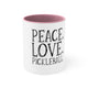 White mug with a Pink accent and a "Peace Love Pickleball" design with a peace-sign hand, a heart, and a paddle and ball