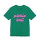 Kelly green pickleball t-shirt with a pink script Pickle Ball text design