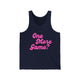Pickleball tank top with a pink script One More Game text design