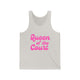 Pickleball tank top with a pink script Queen of the Court text design