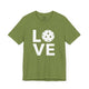 Heather green t-shirt with a LOVE text design and a white pickleball replacing the O