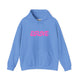Carolina blue pickleball hoodie with a pink retro bubble ERNE text design