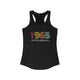 Solid Black women's racerback pickleball tank top with colorful "1965" numerals over a "PICKLEBALL" wordmark