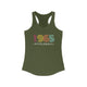 Solid Military Green women's racerback pickleball tank top with colorful "1965" numerals over a "PICKLEBALL" wordmark