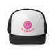 Black trucker cap with a pink smiley face with "PICKLEBALL" script text below