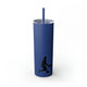Nautical Blue skinny tumbler with straw and a silhouette illustration of a pickleball player mid-swing