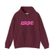 Maroon pickleball hoodie with a pink retro bubble ERNE text design