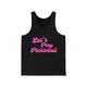 Black pickleball tank top with a pink script Let's Play Pickleball text design