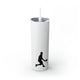 White skinny tumbler with straw and a silhouette illustration of a pickleball player mid-swing