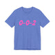 Heather Columbia blue pickleball t-shirt with a pink script 0-0-2 text design