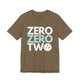 Heather olive t-shirt with a stacked ZERO ZERO TWO text design and a pickleball replacing the O in two