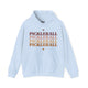 Light blue hoodie with PICKLEBALL repeated in a stacked gradient text design with heart accents
