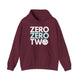 Maroon hoodie with a stacked ZERO ZERO TWO text design and a pickleball replacing the O in two