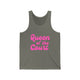 Grey triblend pickleball tank top with a pink script Queen of the Court text design