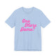 Baby blue pickleball t-shirt with a pink script One More Game text design
