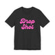 Dark grey heather pickleball t-shirt with a pink script Drop Shot text design