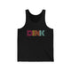Black unisex pickleball tank top with a rainbow-striped "DINK" wordmark