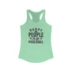 Women's racerback pickleball tank top with bold stacked "HAPPY PEOPLE PLAY PICKLEBALL" text and crossed paddles graphic