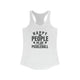 Women's racerback pickleball tank top with bold stacked "HAPPY PEOPLE PLAY PICKLEBALL" text and crossed paddles graphic
