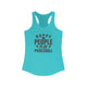 Women's racerback pickleball tank top with bold stacked "HAPPY PEOPLE PLAY PICKLEBALL" text and crossed paddles graphic