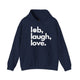 Navy pickleball hoodie with a lob, laugh, love text design and pickleball icon