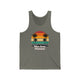 Grey TriBlend unisex pickleball tank top with a retro sunset circle with silhouetted palm trees and "West Coast Pickleball" script text